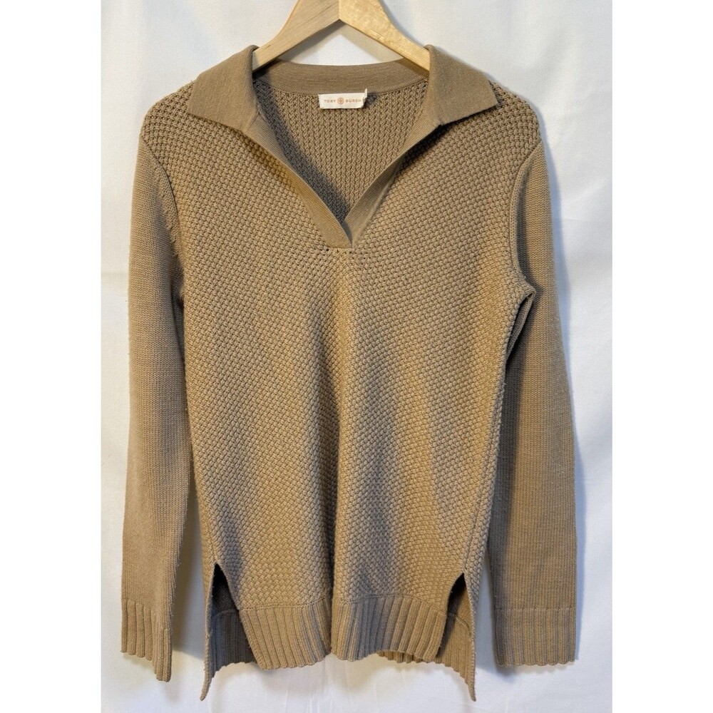 Tory Burch Pullover Sweater M Collared Beige Waffle Knit Long Sleeve